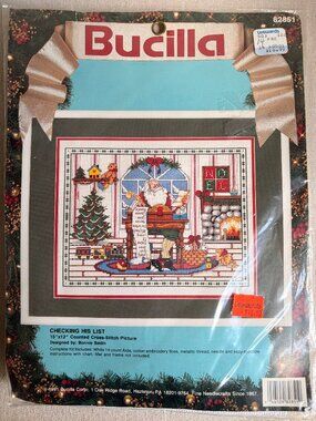 Vintage Unopened Bucilla Checking His List Santa Cat Train Cross Stitch KIT